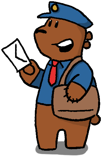 Jerbear dressed as a mail-delivery-bear giving you the best news.