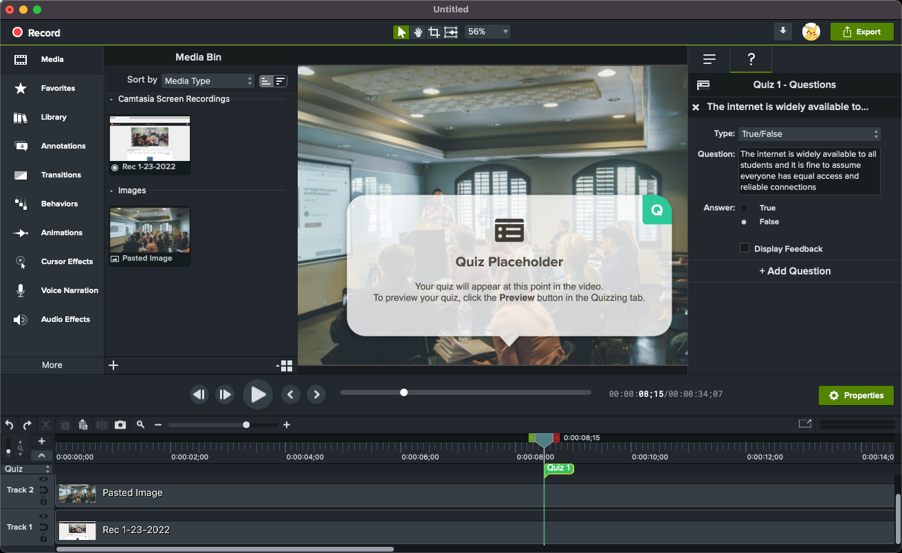 Camtasia UI with quizzing elements open and filled out.